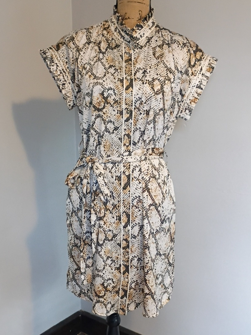 CAbi Snake-Print Short Sleeve Midi Shirt Dress in White and Brown